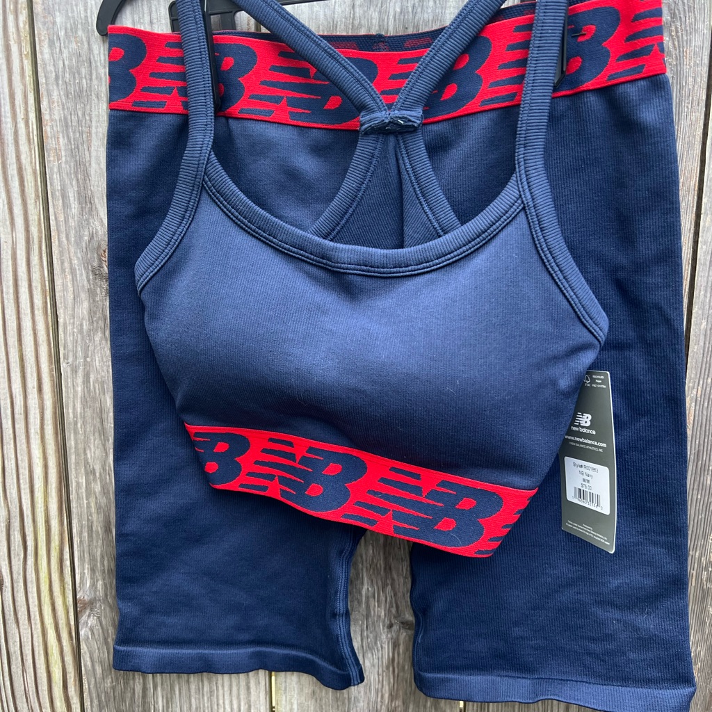 New Balance Blue Red Sports Bra Bike Short Set Womens Med Nwt New
